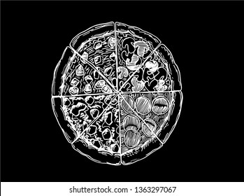Graphical sketch of pizza isolated on black background, vector illustration