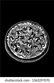 Graphical sketch of pizza isolated on black background, vector illustration