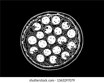 Graphical sketch of pizza isolated on black background, vector illustration