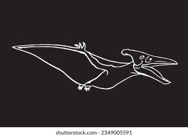 Graphical sketch of pterodactyl on black,vector engraved  illustration 