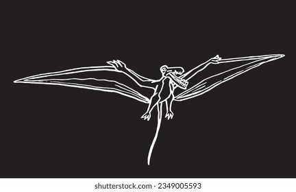 Graphical sketch of pterodactyl on black,vector engraved  illustration 