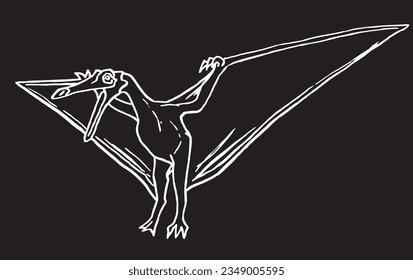 Graphical sketch of pterodactyl on black,vector engraved  illustration 