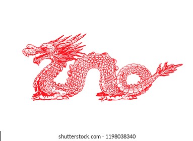 Graphical sketch of red  Chinese  dragon isolated on white background,vector color illustration for tattoo and printing
