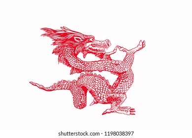 Graphical sketch of red  Chinese  dragon isolated on white background,vector color illustration for tattoo and printing
