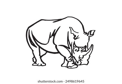 Graphical sketch of  rhino on white background, lined vector illustration for coloring book
