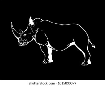 Graphical sketch of rhino standing isolated on black background