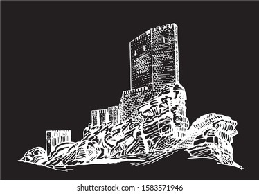 Graphical sketch of Safra castle isolated on black background,vector illustration, Spain
