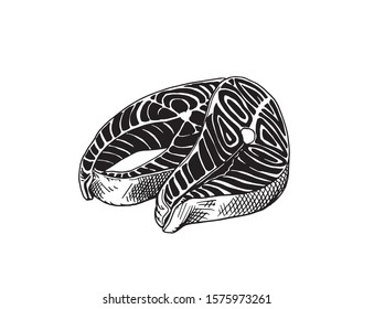 Graphical sketch of salmon isolated on white background,vector food illustration,fish