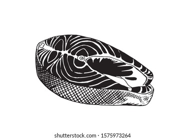 Graphical sketch of salmon isolated on white background,vector food illustration,fish