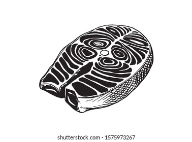 Graphical sketch of salmon isolated on white background,vector food illustration,fish