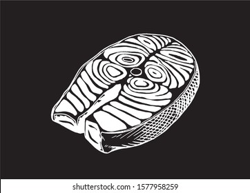 Graphical sketch of salmon isolated on black background,vector food illustration,fish