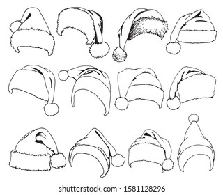 Graphical sketch of  Santa Claus hats isolated on white background,new year illustration for coloring