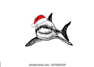 Graphical sketch of shark in Santa Claus hat isolated on white,vector