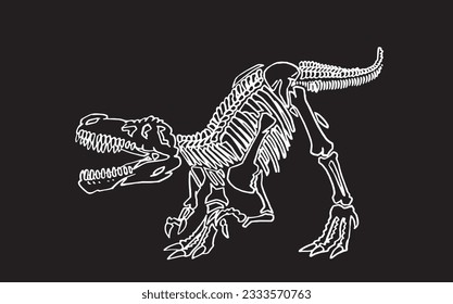 Graphical sketch of skeleton of tyrannosaurus on black  , vector dinosaur of jurassic period, illustration for educational books,printing
