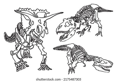 Graphical  sketch of skeletons of tyrannosaurus isolated on white,vector lined illustration. Illustration for coloring and printing