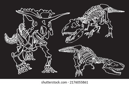 Graphical  sketch of skeletons of tyrannosaurus isolated on black,vector lined illustration. 