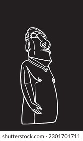 Graphical sketch of statue of Moai on black background, statue of Easter Island . Vector engraved  illustration