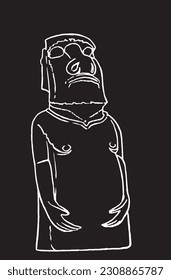 Graphical sketch of statue of Moai on black background, statue of Easter Island . Vector engraved illustration