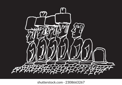 Graphical sketch of statues of Moai on black background, statues of Easter Island . Vector engraved illustration