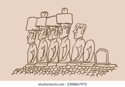 Graphical sketch of statues of Moai on sepia background, statues of Easter Island . Vector illustration