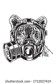 Graphical sketch of tiger in gas mask isolated on white, vector illustration for coloring, typography and tattoo