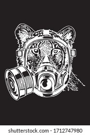 Graphical sketch of tiger in gas mask isolated on black background, vector engraved illustration . Covid-19