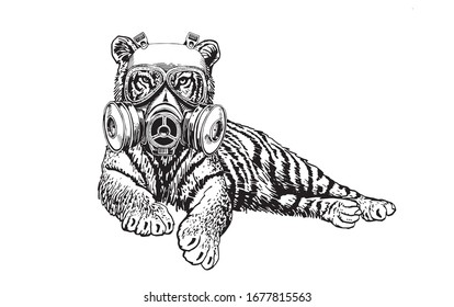 Graphical sketch of tiger in virus mask isolated on white, vector illustration for coloring, typography and tattoo