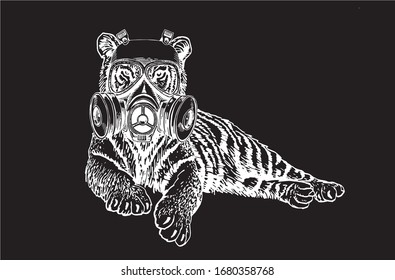 Graphical sketch of tiger in virus mask isolated on black, vector engraved illustration 
