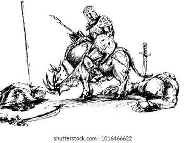 Graphical sketch of troll riding on the wild boar ,medieval soldier,vector