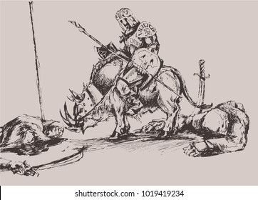 Graphical sketch of troll riding on the wild boar ,medieval soldier,vector,sepia