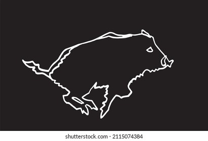 Graphical sketch of wild hog pig runningon black , lined drawing vector illustration