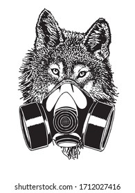 Grafische Skizze von Wolf in Gasmaske einzeln auf Weiß, Vektorillustration zur Färbung, Typografie und Tätowierung