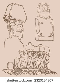 Graphical  sketchy collection of moai statues on sepia background, vector elements. Archeological artifacts 