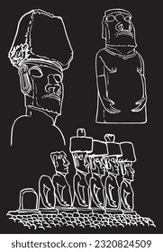 Graphical  sketchy collection of moai statues isolated on black background, vector engraved illustration.Archeological artifacts 