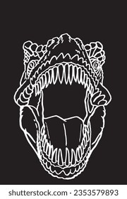 Graphical sketchy illustration. Head of dinosaur with open mouth and sharp teeth on black