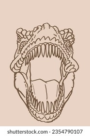 Graphical sketchy illustration. Head of dinosaur with open mouth and sharp teeth on sepia background