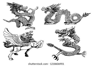 Graphical sketchy set of Chinese dragons isolated on white background, vector  tattoo illustration