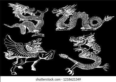 Graphical sketchy set of Chinese dragons isolated on black background, vector  engraved illustration