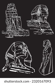 Graphical  sketchy set of Egypt landmarks isolated on black, vector engraved  illustration. 