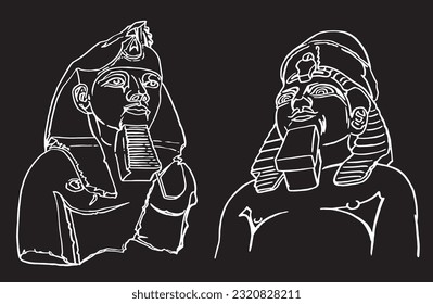 Graphical  sketchy set of Egypt landmarks isolated on black, vector engraved  illustration. 