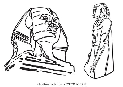 Graphical  sketchy set of Egypt statues of Pharaoh isolated on white, vector illustration. 