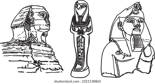 Graphical  sketchy set of Egypt statues of Pharaoh isolated on white, vector illustration. 