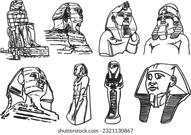 Graphical  sketchy set of Egypt statues of Pharaoh isolated on white, vector illustration. 