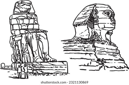 Graphical  sketchy set of Egypt statues of Pharaoh isolated on white, vector illustration. 