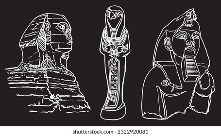 Graphical  sketchy set of Egypt statues of Pharaoh isolated on black, vector engraved illustration. 