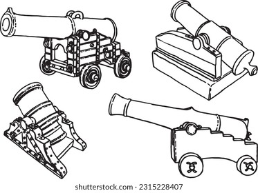 Graphical sketchy set of guns, a type of artillery piece isolated on white  background, vector elements of military weapon