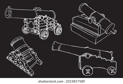Esbozo gráfico de armas, un tipo de pieza de artillería sobre fondo negro, elementos vectores de armas militares