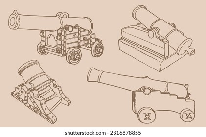 Esbozo gráfico de armas, un tipo de pieza de artillería sobre el fondo del sepia, elementos vectores de armas militares