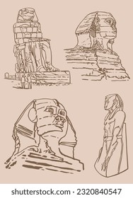 Graphical  sketchy vintage  set of Egypt statues of Pharaoh, vector illustration. 