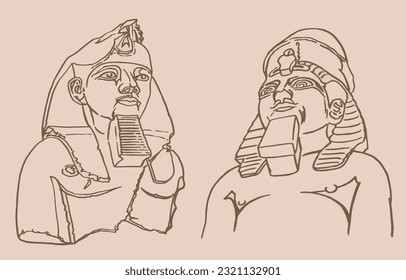 Graphical  sketchy vintage  set of Egypt statues of Pharaoh, vector illustration. 